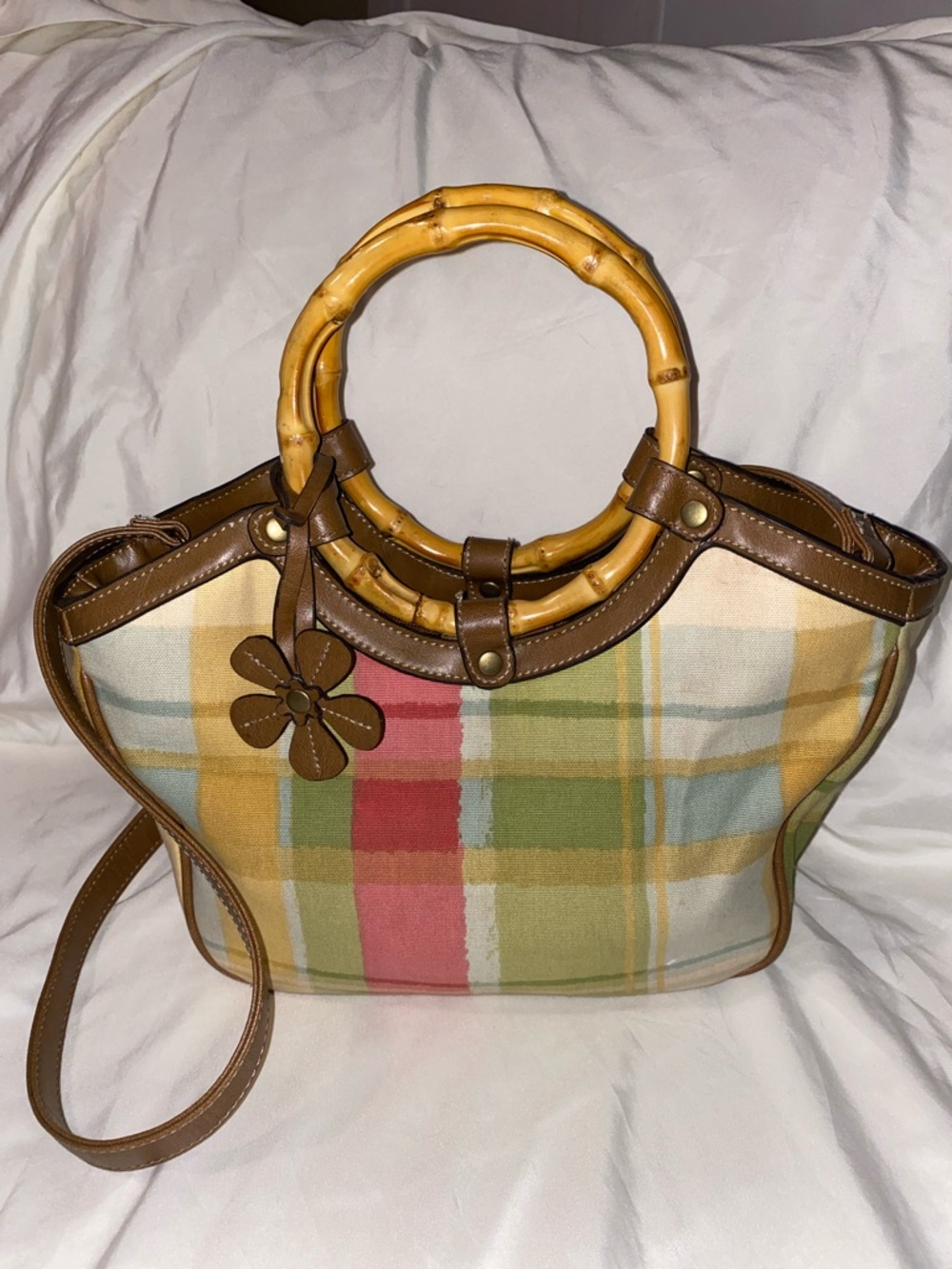 Relic Plaid Canvas Tote with Bamboo Ring Handles in Yellow, Green & Red